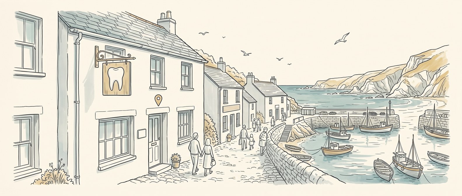 Pen and ink illustration of a whitewashed harbour-street dental surgery with a tooth sign