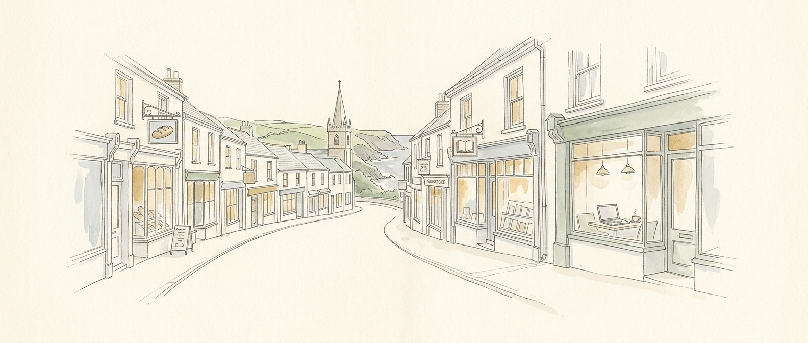 Bespoke line art illustration of a Cornwall high street and cafe with a laptop, representing digital marketing for local businesses