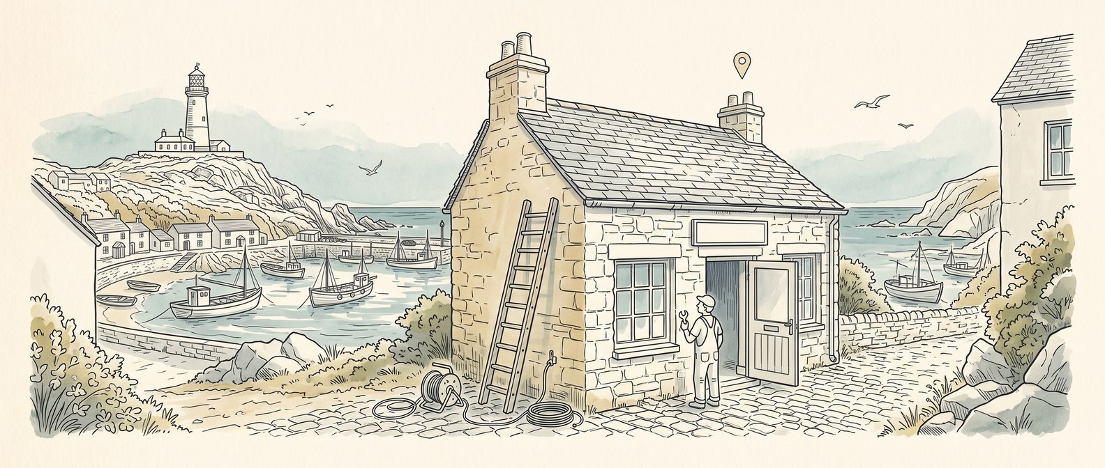 Pen and ink illustration of a Cornish stone cottage with a ladder, a cable reel and an electrician at the door, with a lighthouse and harbour behind