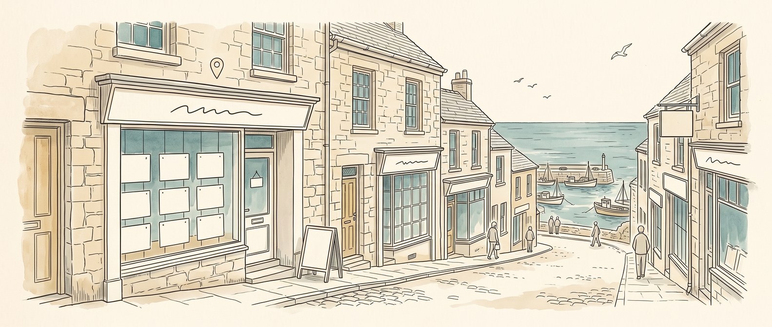Pen and ink illustration of an estate agent's window with blank property cards on a Cornish street
