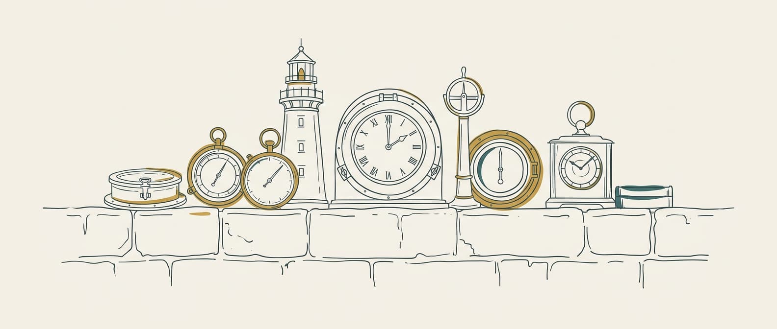 Bespoke line art of brass nautical instruments on a Cornwall harbour wall