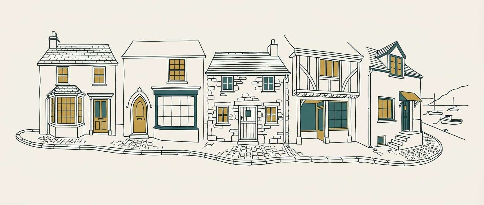 Bespoke line art of five Cornwall harbour shopfronts - representing a multi-page professional website