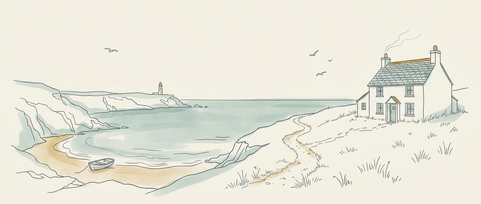 Bespoke pen and ink line art of a Cornish holiday cottage on a clifftop above a sandy cove, with a coastal path, rowing boat, and distant lighthouse