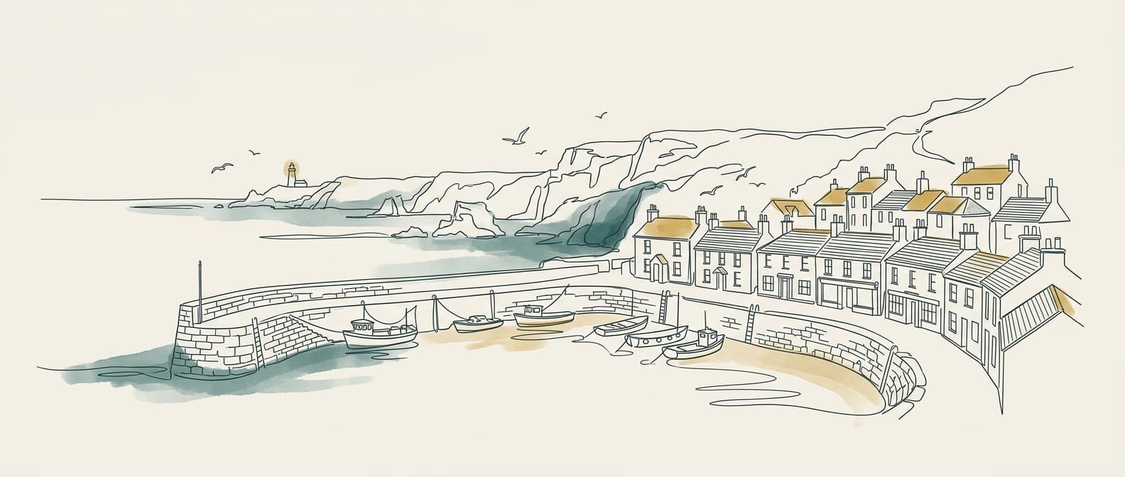 Bespoke line art of a Cornwall fishing harbour with boats, cottages, and coastal cliffs
