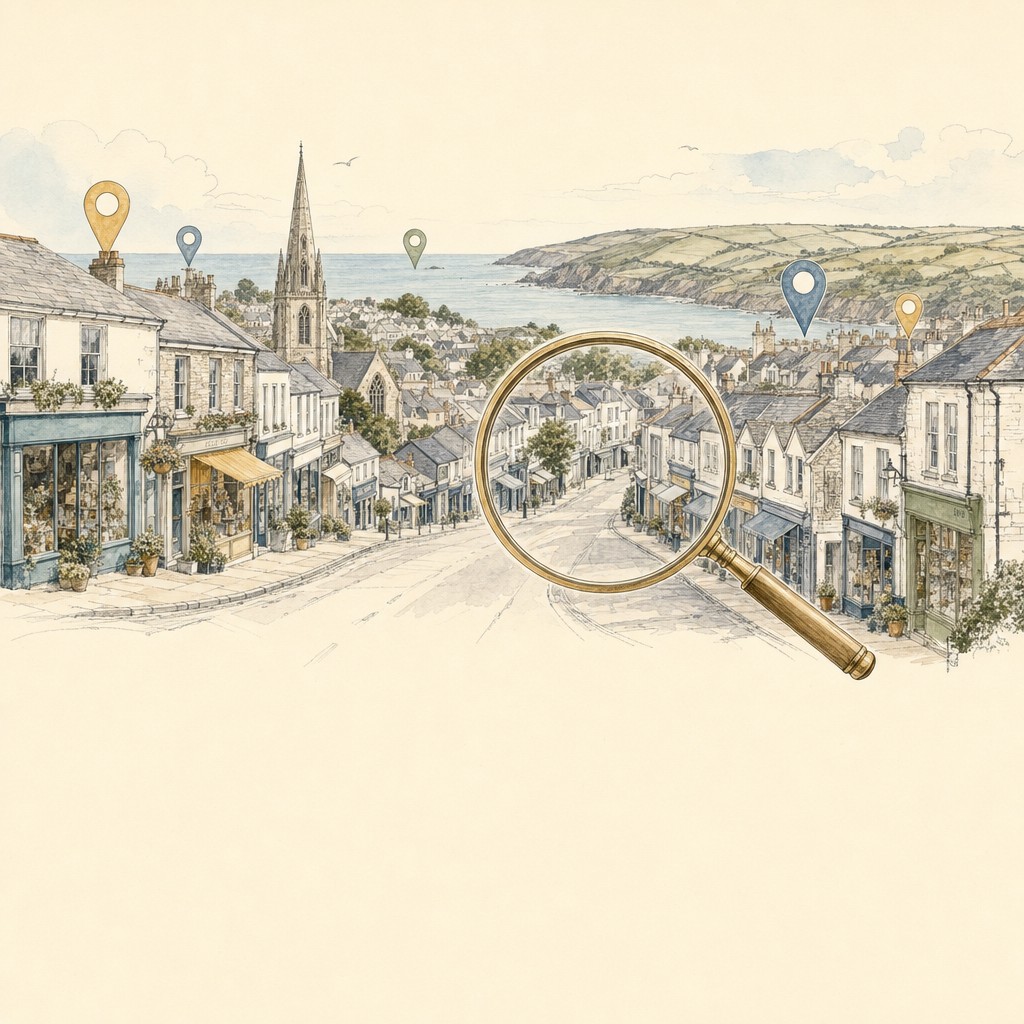Bespoke line art illustration of a Cornwall high street with map location pins representing local SEO and Google Maps rankings