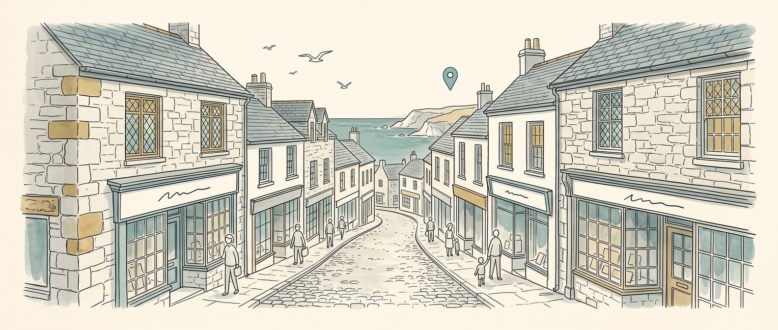 Bespoke line art illustration of a high street with map location pins representing local SEO and Google Maps rankings