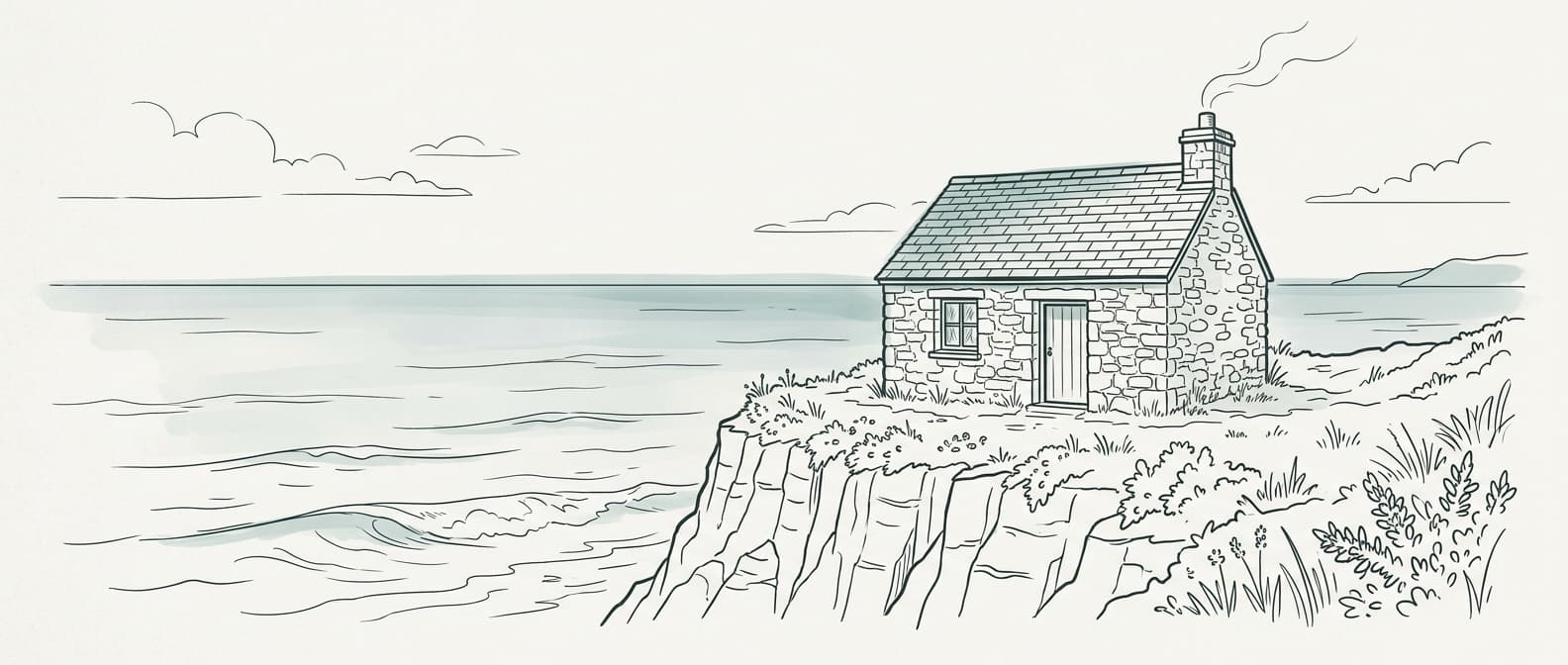 Bespoke line art of a Cornish stone cottage on a cliff - representing a single-page website