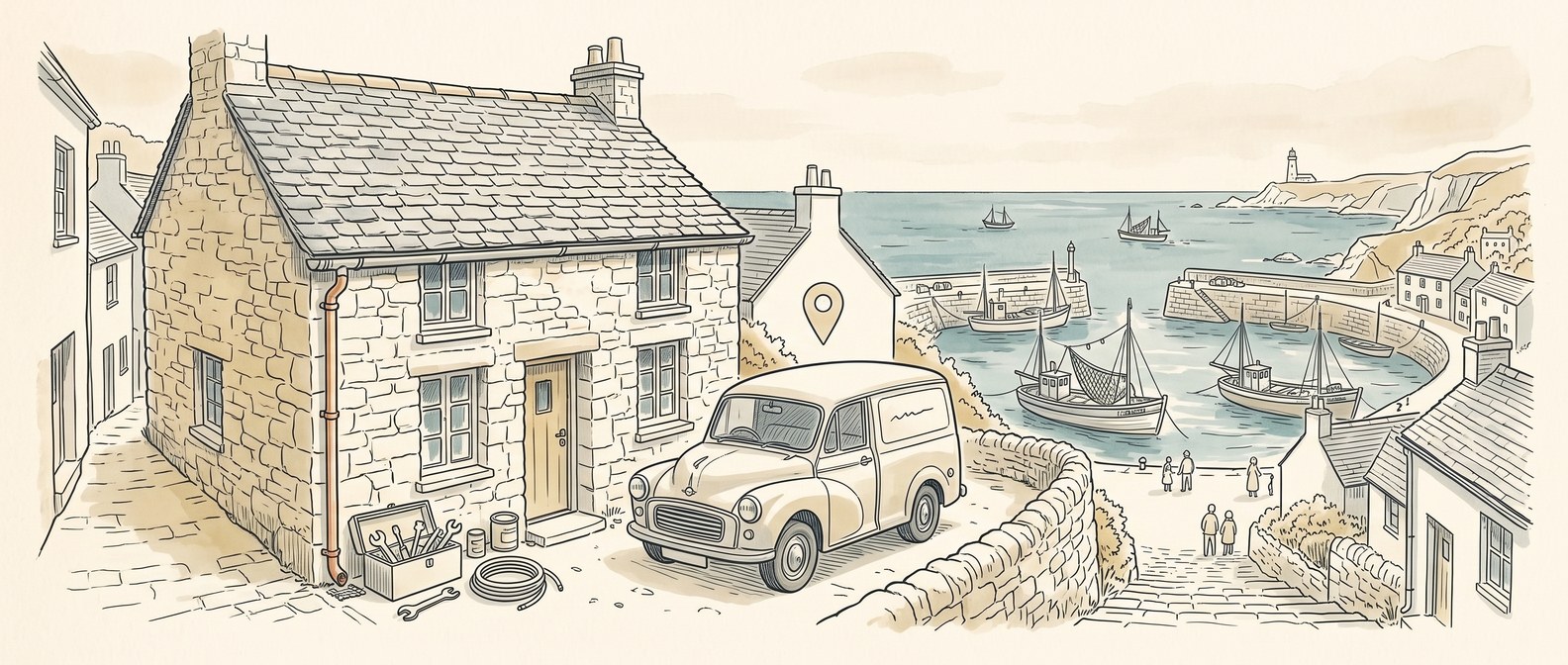 Pen and ink illustration of a Cornish stone cottage with a plumber's van and toolbox outside, above a fishing harbour, with a small map pin