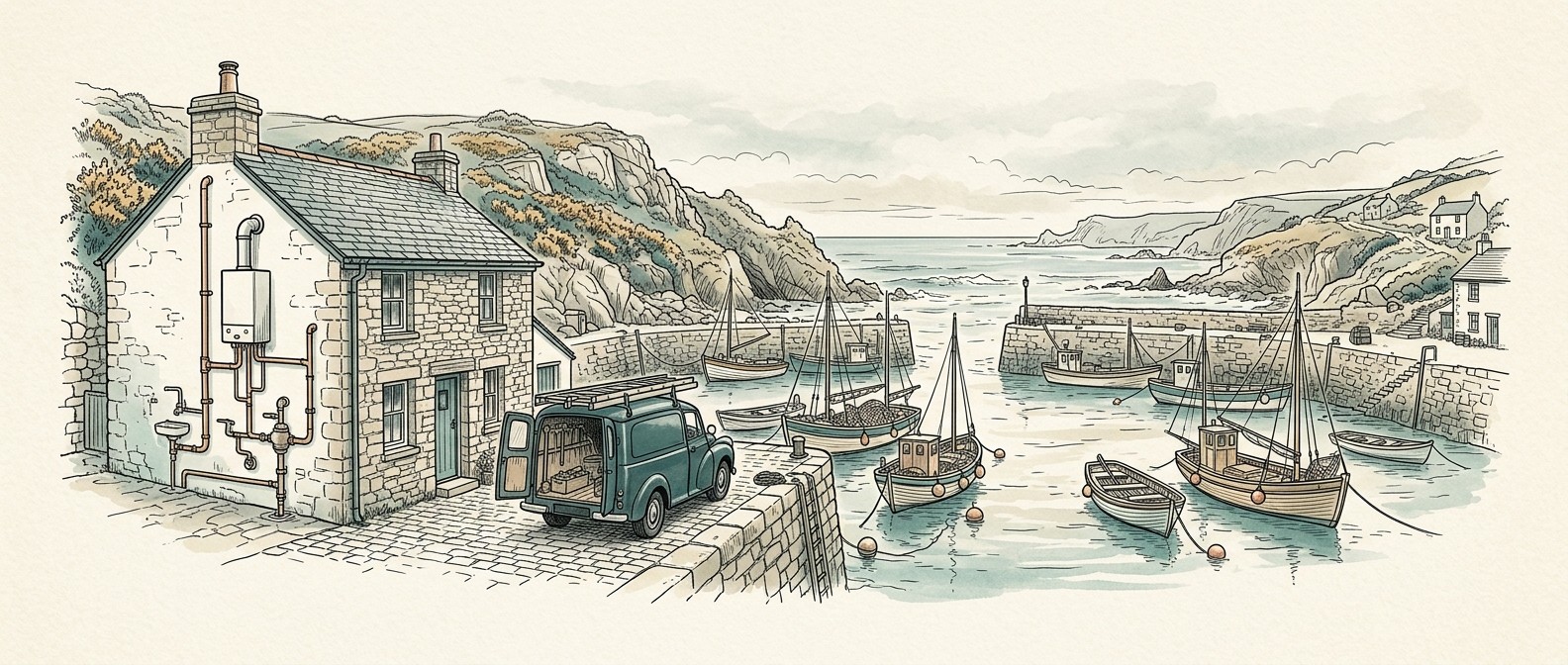 Website design for plumbers - Cornish harbour with plumber's cottage and van