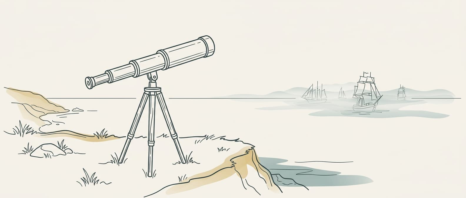 Bespoke line art of a brass telescope on a Cornwall clifftop - representing market research and competitive intelligence