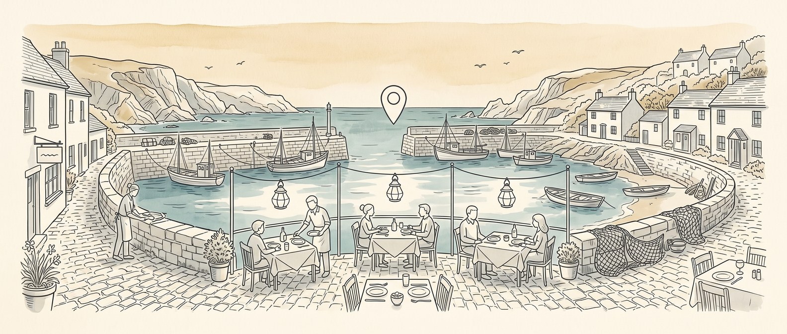 Pen and ink illustration of a harbour-side restaurant terrace with lanterns at early evening