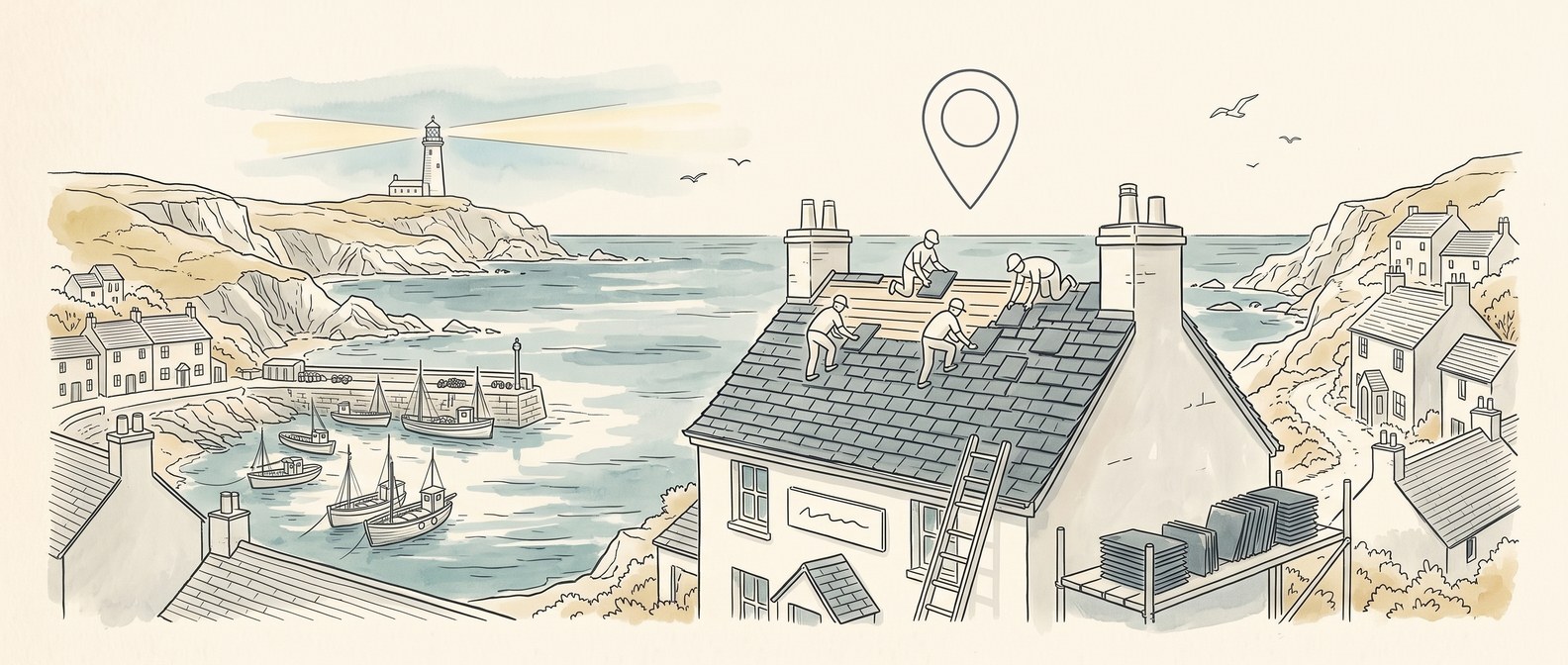 Pen and ink illustration of roofers laying slate on a Cornish cottage roof above a harbour, with a small map pin overhead