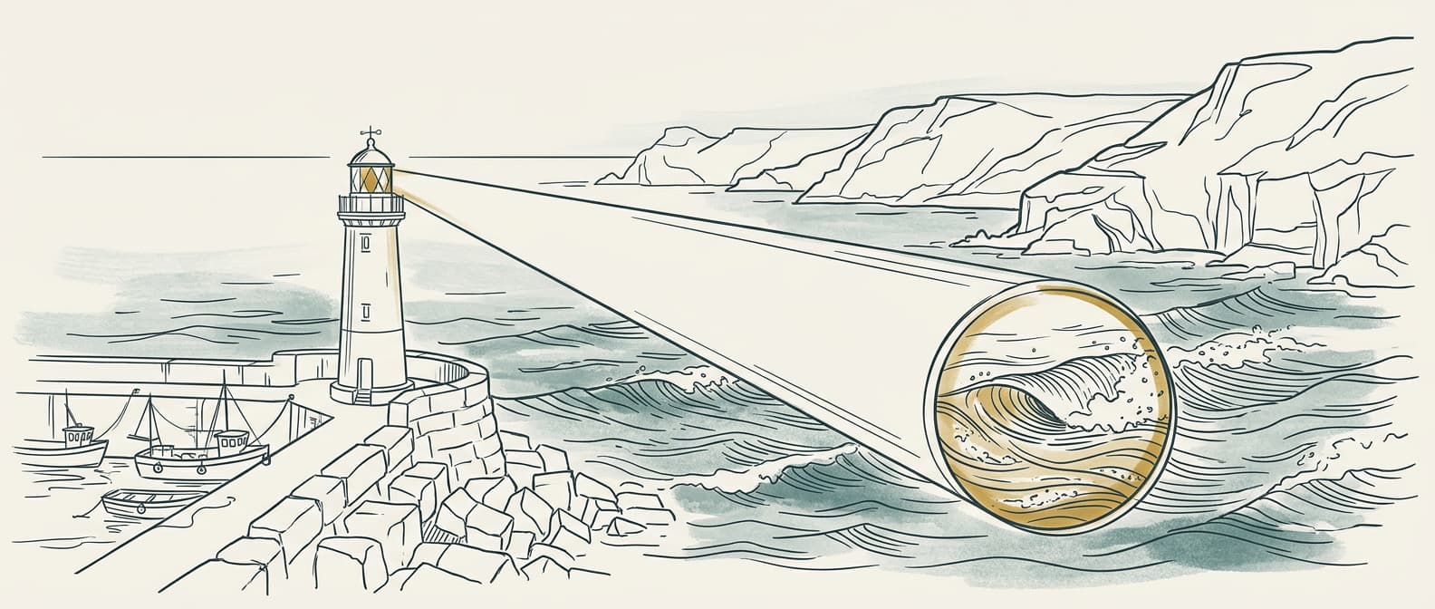 Bespoke line art of a Cornwall lighthouse with magnifying glass beam scanning the sea - representing SEO and search visibility