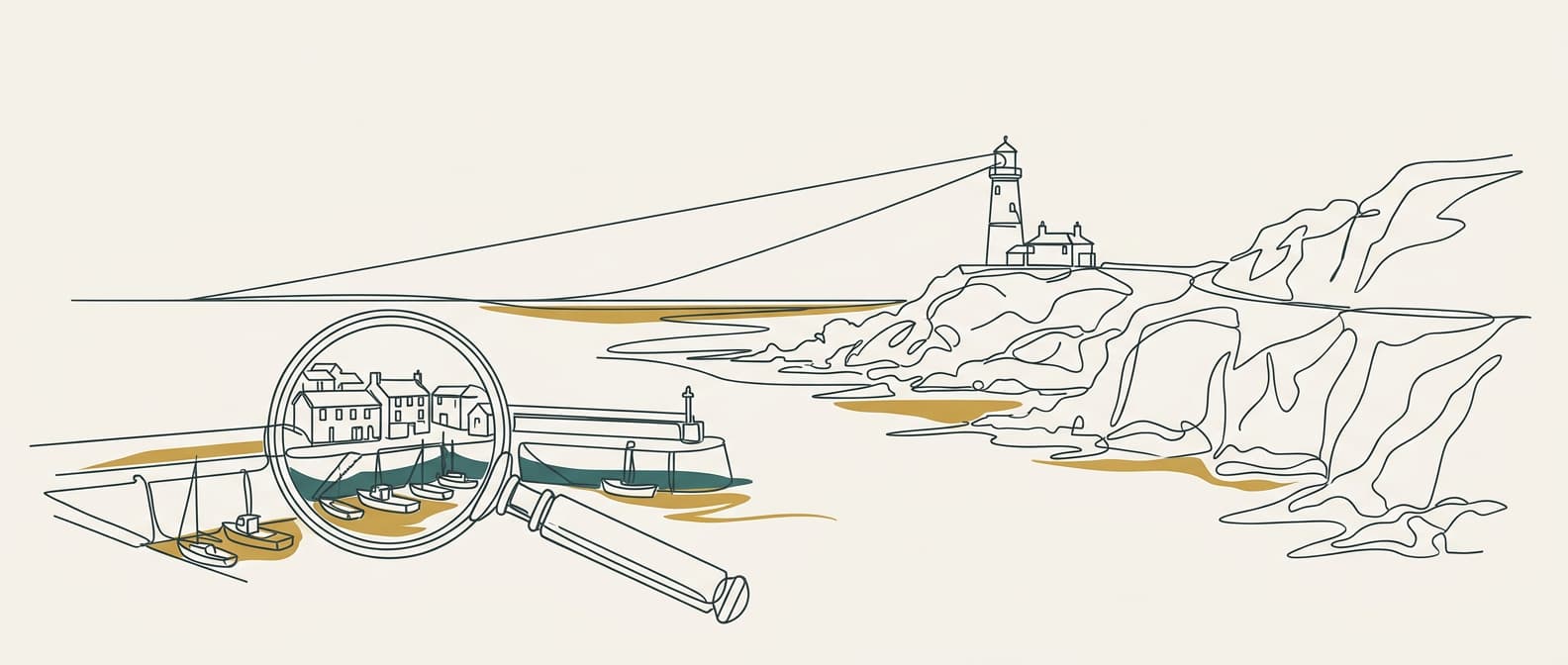 Bespoke line art of Cornwall harbour with lighthouse beam sweeping across search results