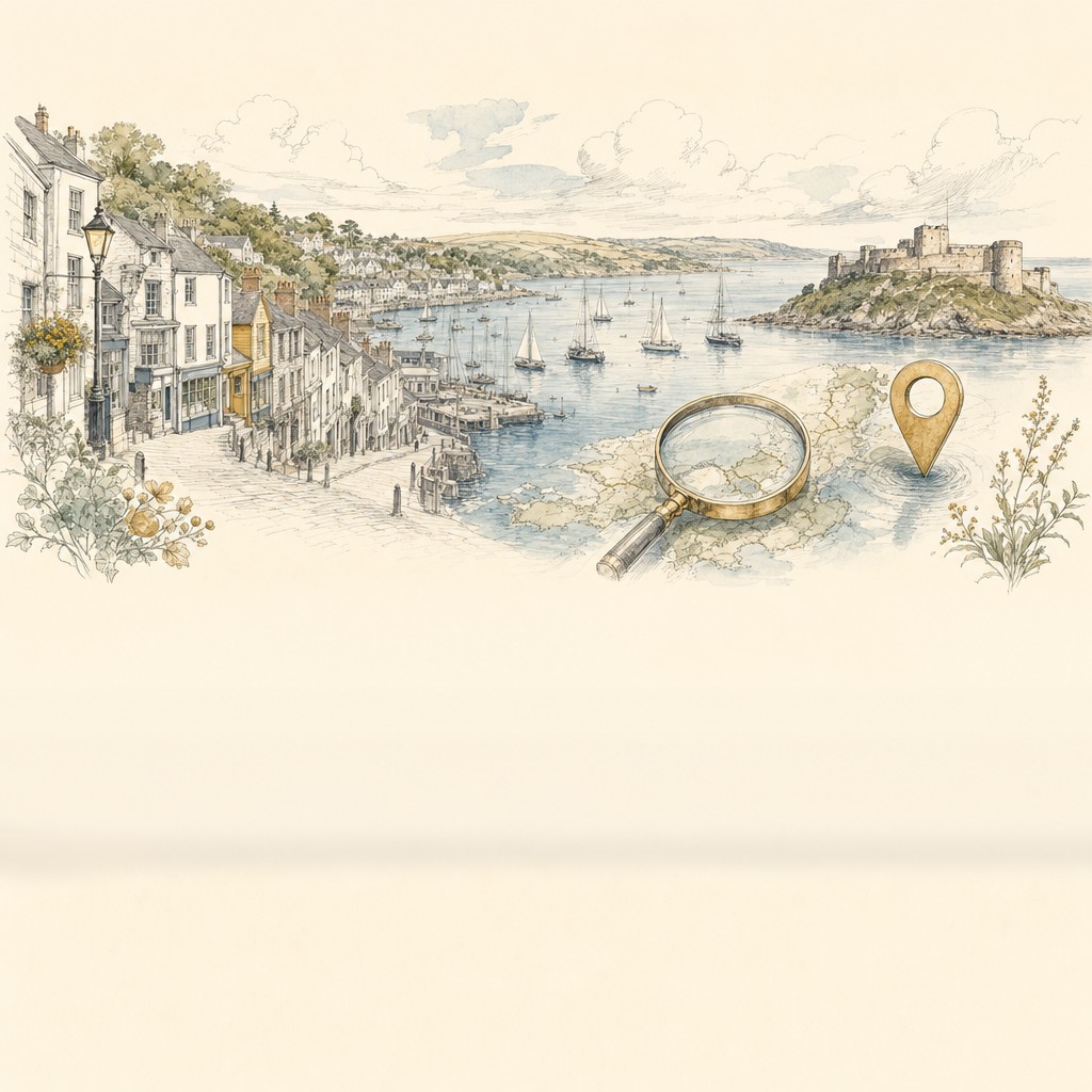 Bespoke line art illustration of Falmouth harbour, boats and waterfront with a magnifying glass representing SEO search