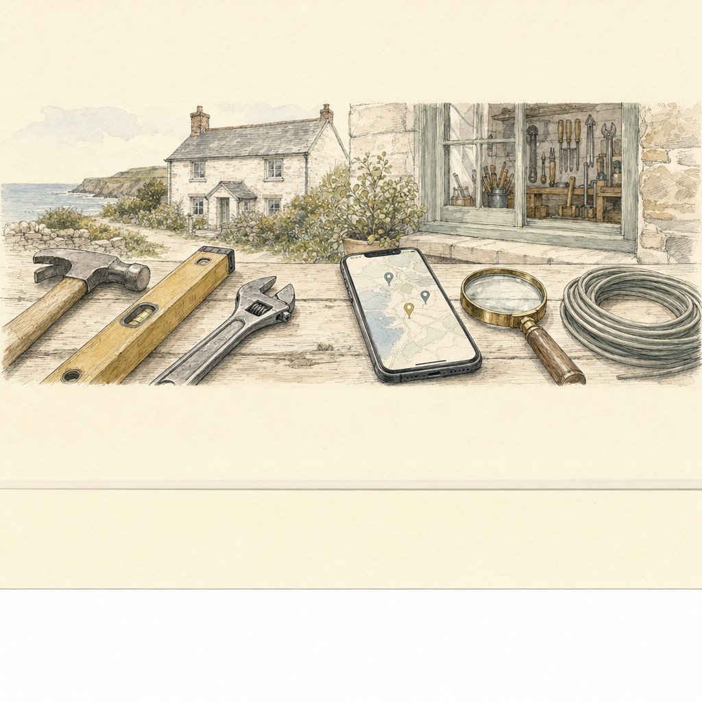 Bespoke line art illustration of a tradesman's tools and a laptop, representing SEO and digital marketing for trades businesses
