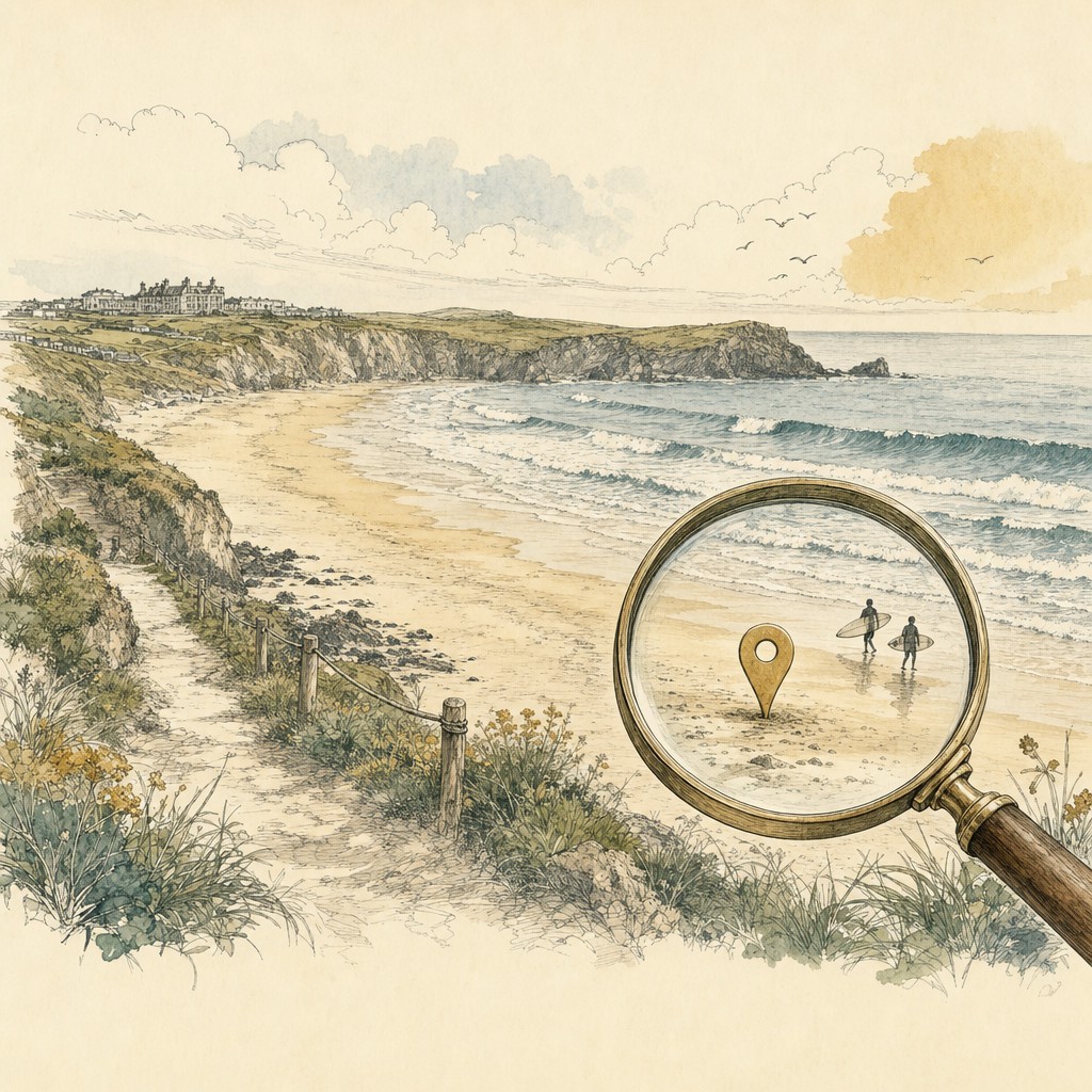 Bespoke line art illustration of Newquay's Fistral beach, surf and headland with a magnifying glass representing SEO search