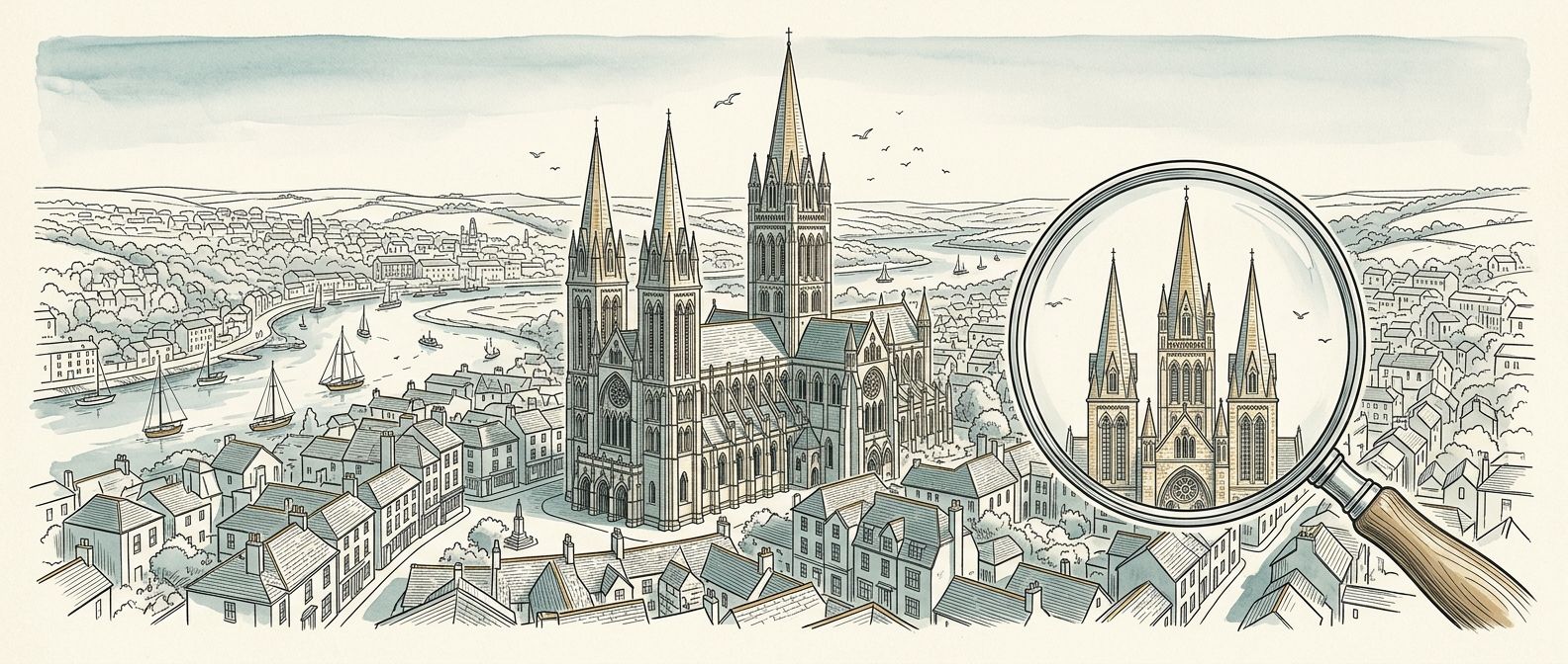 Bespoke line art illustration of Truro Cathedral and cityscape with magnifying glass representing SEO search