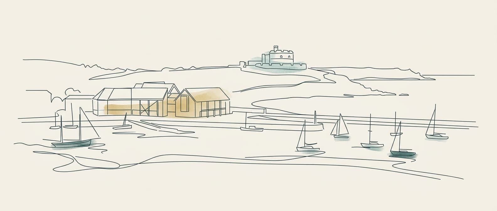 Bespoke line art of Falmouth harbour panorama with sailing boats and Pendennis Castle
