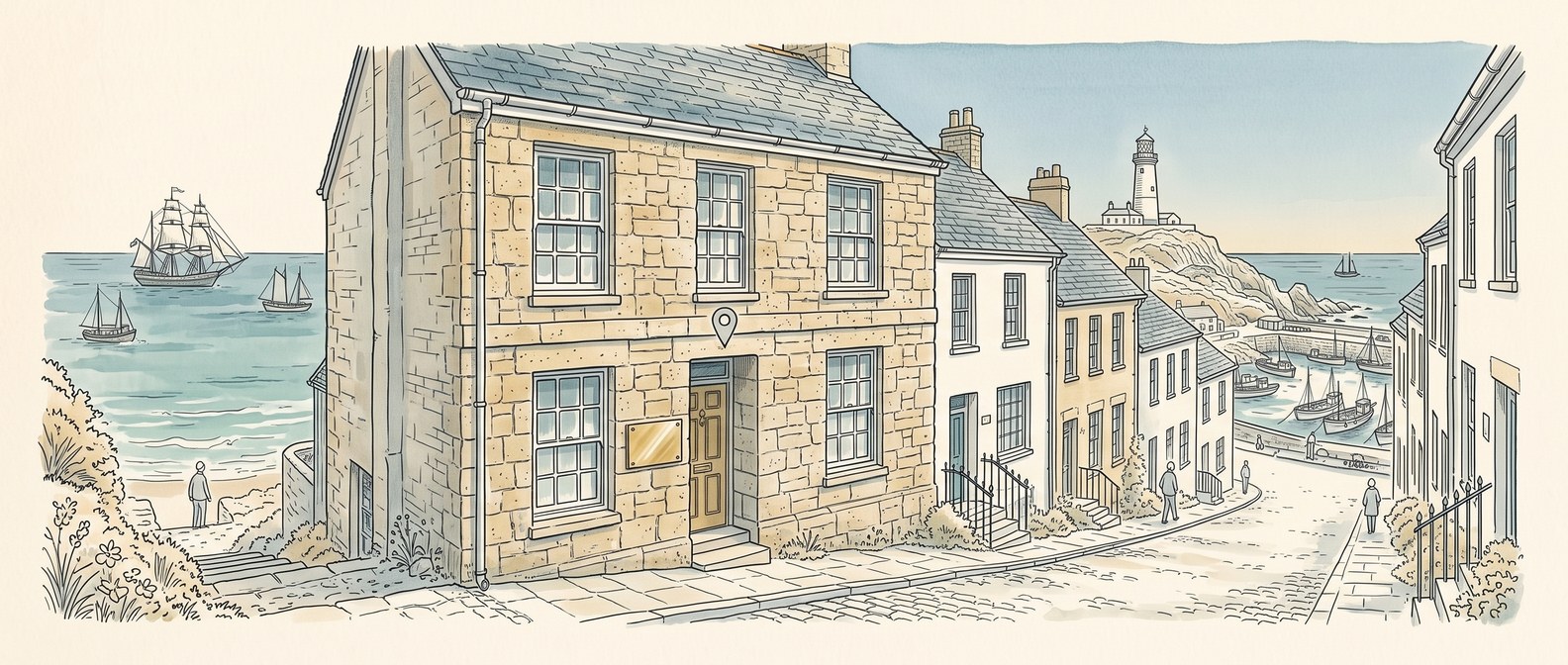 Pen and ink illustration of a granite solicitor's office with a blank brass plate on a Cornish harbour street