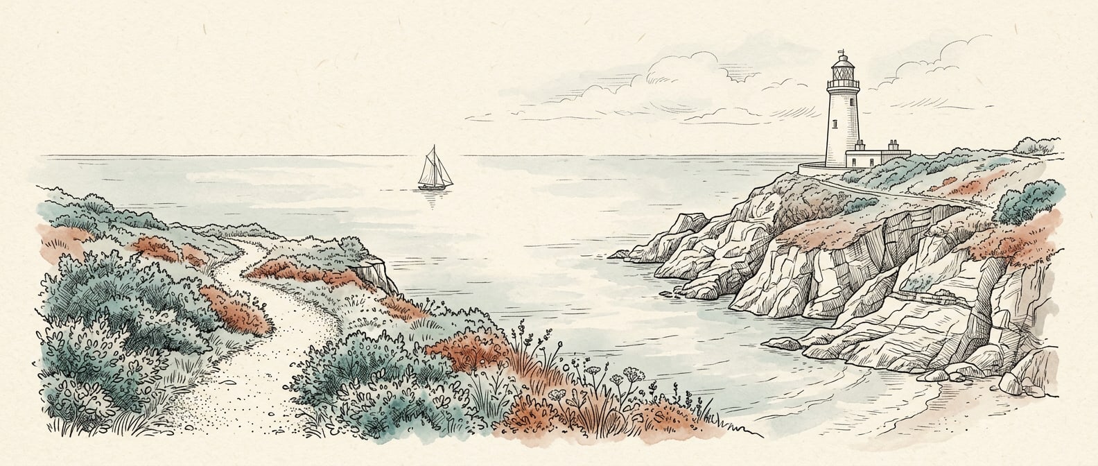 Pen and ink illustration of a Cornish clifftop with a lighthouse and the sea beyond