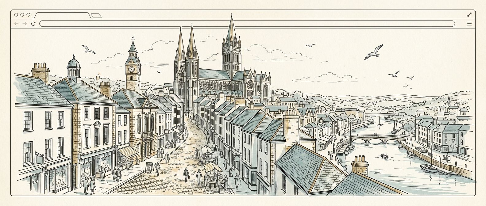 Bespoke line art illustration of Truro street scene with browser window frame representing web design