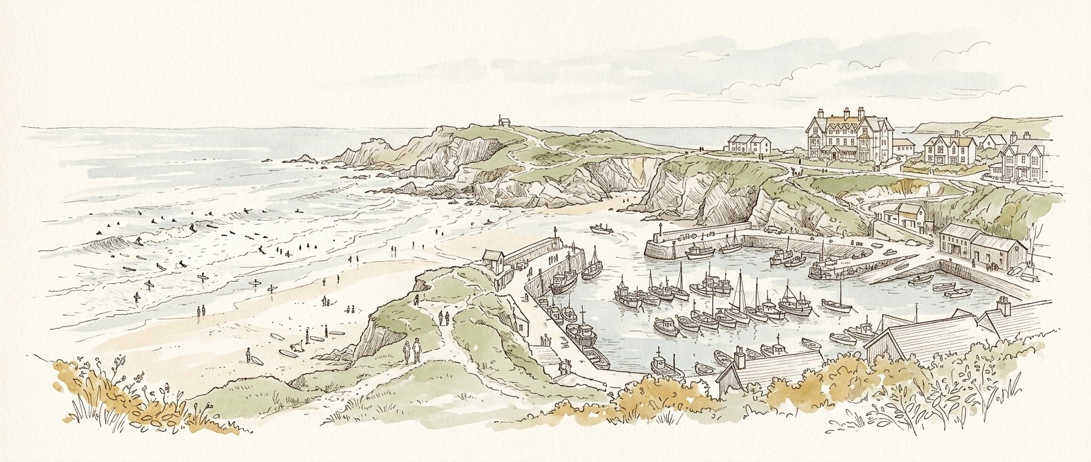 Newquay harbour with boats at low tide