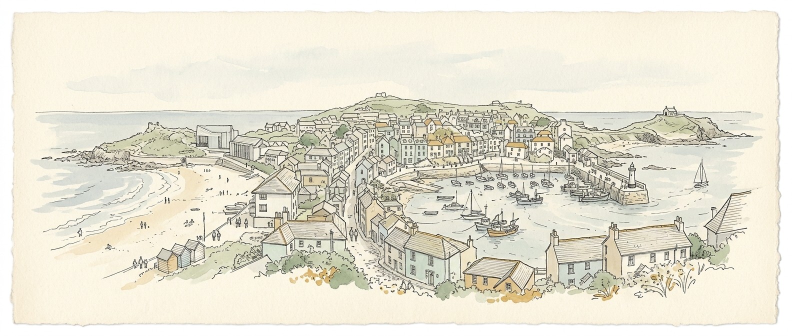 St Ives harbour panorama with boats and cottages