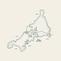 Hand-drawn map of Cornwall peninsula with local landmarks