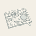 Open journal with magnifying glass and data charts